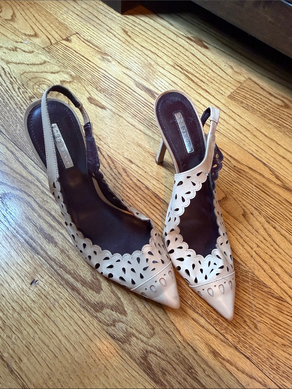 BCBGeneration Pointed Scalloped Slingback Heels in Beige